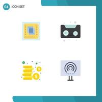 Editable Vector Line Pack of 4 Simple Flat Icons of chip coins hardware cassette desktop Editable Vector Design Elements