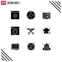 Universal Icon Symbols Group of 9 Modern Solid Glyphs of ceremony washing investment machine furniture Editable Vector Design Elements