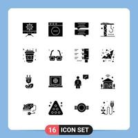 Pack of 16 Modern Solid Glyphs Signs and Symbols for Web Print Media such as glasses fast food message glass tools Editable Vector Design Elements