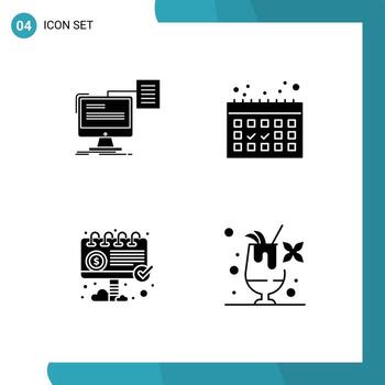 Pack of 4 Modern Solid Glyphs Signs and Symbols for Web Print Media such as resume billboard cv dates marketing Editable Vector Design Elements