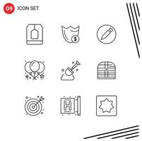 Editable Vector Line Pack of 9 Simple Outlines of construction balloon secure balloon pencil Editable Vector Design Elements