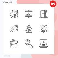 Editable Vector Line Pack of 9 Simple Outlines of safety worker tag book dollar business Editable Vector Design Elements