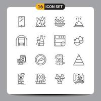 Group of 16 Modern Outlines Set for transportation subway water metro food Editable Vector Design Elements