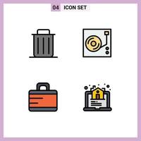 Filledline Flat Color Pack of 4 Universal Symbols of delete bag remove player suitcase Editable Vector Design Elements