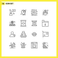 Mobile Interface Outline Set of 16 Pictograms of network database blowing worker labour Editable Vector Design Elements