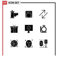 Set of 9 Vector Solid Glyphs on Grid for computer global weight gift box Editable Vector Design Elements