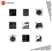 Pack of 9 creative Solid Glyphs of development coding meal browser time Editable Vector Design Elements