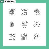 Mobile Interface Outline Set of 9 Pictograms of shower bathroom farm file presentation Editable Vector Design Elements