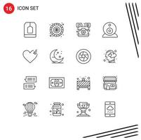 Mobile Interface Outline Set of 16 Pictograms of love heart help webcam security Editable Vector Design Elements