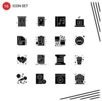 Modern Set of 16 Solid Glyphs Pictograph of document contract album play video Editable Vector Design Elements