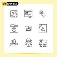 Pictogram Set of 9 Simple Outlines of business strategy flashlight folder favorite Editable Vector Design Elements