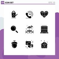 Mobile Interface Solid Glyph Set of 9 Pictograms of water view heart search globe Editable Vector Design Elements