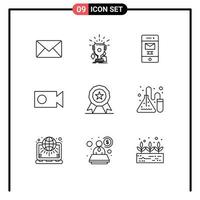 Mobile Interface Outline Set of 9 Pictograms of medal video winner record recycle Editable Vector Design Elements