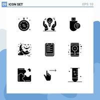 Set of 9 Vector Solid Glyphs on Grid for clipboard night computers moon stick Editable Vector Design Elements