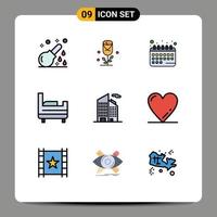 Filledline Flat Color Pack of 9 Universal Symbols of skyscraper building wedding bed room schedule Editable Vector Design Elements