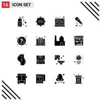 Set of 16 Modern UI Icons Symbols Signs for help loving email love mic Editable Vector Design Elements