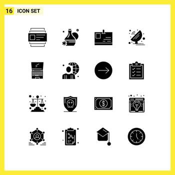Mobile Interface Solid Glyph Set of 16 Pictograms of device computer identity science satellite Editable Vector Design Elements