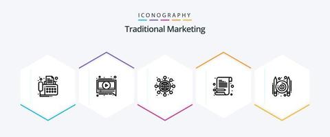 tradicional márketing 25 línea icono paquete incluso escritor. pagado. redes. artículos. bloc vector