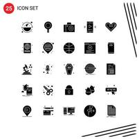 Modern Set of 25 Solid Glyphs Pictograph of like heart photo video player app multimedia Editable Vector Design Elements