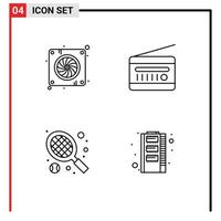 Modern Set of 4 Filledline Flat Colors Pictograph of computer racket hardware radio tennis Editable Vector Design Elements