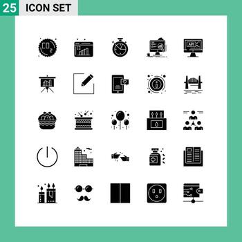 Editable Vector Line Pack of 25 Simple Solid Glyphs of computer laptop measure presentation analytics Editable Vector Design Elements