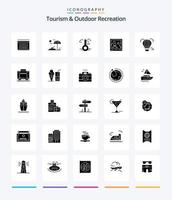 Creative Tourism And Outdoor Recreation 25 Glyph Solid Black icon pack  Such As air. balloon. hot. photo. image vector
