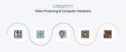 vídeo productor y computadora hardware línea lleno plano 5 5 icono paquete incluso procesador. UPC. dispositivo. partes. electrónica vector