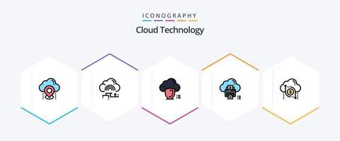 Cloud Technology 25 FilledLine icon pack including print. cloud. connect. protection. shield vector