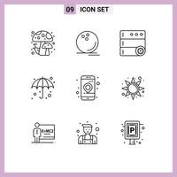 Stock Vector Icon Pack of 9 Line Signs and Symbols for location app control wet umbrella Editable Vector Design Elements