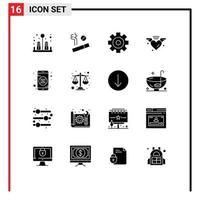 16 Thematic Vector Solid Glyphs and Editable Symbols of balance investment media player banking heart Editable Vector Design Elements