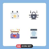 Set of 4 Vector Flat Icons on Grid for beach hanging sun network security interface Editable Vector Design Elements