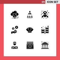 9 Thematic Vector Solid Glyphs and Editable Symbols of industry hand leadership fintech industry heart Editable Vector Design Elements