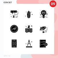 Mobile Interface Solid Glyph Set of 9 Pictograms of morning alarm bid pulse label Editable Vector Design Elements