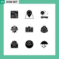 User Interface Pack of 9 Basic Solid Glyphs of camera labor internet gear cap Editable Vector Design Elements