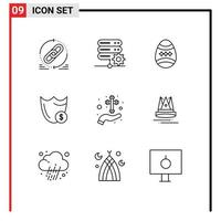 Modern Set of 9 Outlines Pictograph of security safety setting guard egg Editable Vector Design Elements