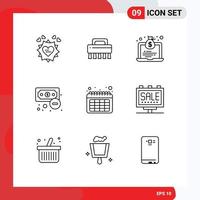 Set of 9 Vector Outlines on Grid for time calendar economy outcome economy Editable Vector Design Elements