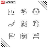 User Interface Pack of 9 Basic Outlines of love motion stopwatch ball swing Editable Vector Design Elements