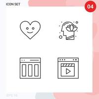 Mobile Interface Line Set of 4 Pictograms of love communication harmony lotus interface Editable Vector Design Elements