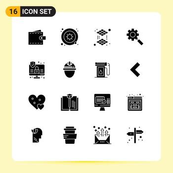 Set of 16 Vector Solid Glyphs on Grid for internet setting science gear search Editable Vector Design Elements