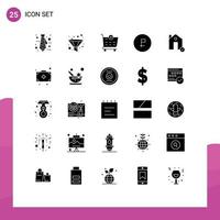 25 Thematic Vector Solid Glyphs and Editable Symbols of estate check shopping cart buildings finance Editable Vector Design Elements