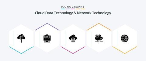 Cloud Data Technology And Network Technology 25 Glyph icon pack including internet . arrow. cloud . gear. cloud vector