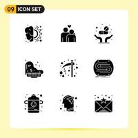 Mobile Interface Solid Glyph Set of 9 Pictograms of celebration piano heart instrument care Editable Vector Design Elements