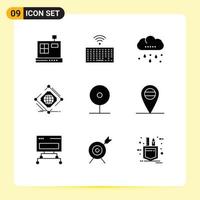 Editable Vector Line Pack of 9 Simple Solid Glyphs of cctv web rain net global Editable Vector Design Elements