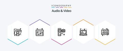 Audio And Video 25 Line icon pack including music. sound waves. camcorder. sound frequency. laptop vector