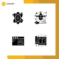 4 Universal Solid Glyphs Set for Web and Mobile Applications atom internet airplane heart school Editable Vector Design Elements