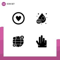 Mobile Interface Solid Glyph Set of 4 Pictograms of medical investment sign liquid fingers Editable Vector Design Elements