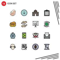 Pack of 16 Modern Flat Color Filled Lines Signs and Symbols for Web Print Media such as train list downloads clipboard hut Editable Creative Vector Design Elements