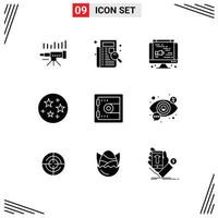 Pack of 9 Modern Solid Glyphs Signs and Symbols for Web Print Media such as stars science filing web computer Editable Vector Design Elements