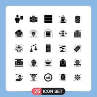 Pack of 25 Modern Solid Glyphs Signs and Symbols for Web Print Media such as illumination candle retro burning light stack Editable Vector Design Elements