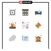 Group of 9 Modern Flat Colors Set for camping bonfire corporation technology products Editable Vector Design Elements